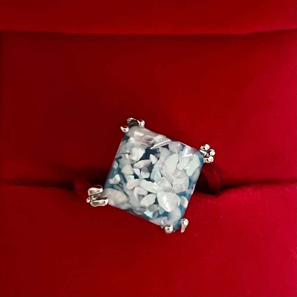 Vintage Silver Confetti Resin Light Blue Square Statement Ring Size 8